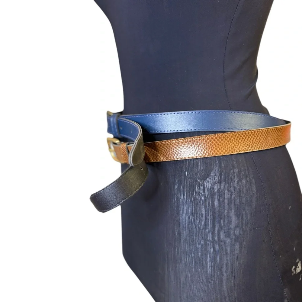 Vintage Blue and Brown Leather Belts with Gold Buckles - Picture 6 of 10